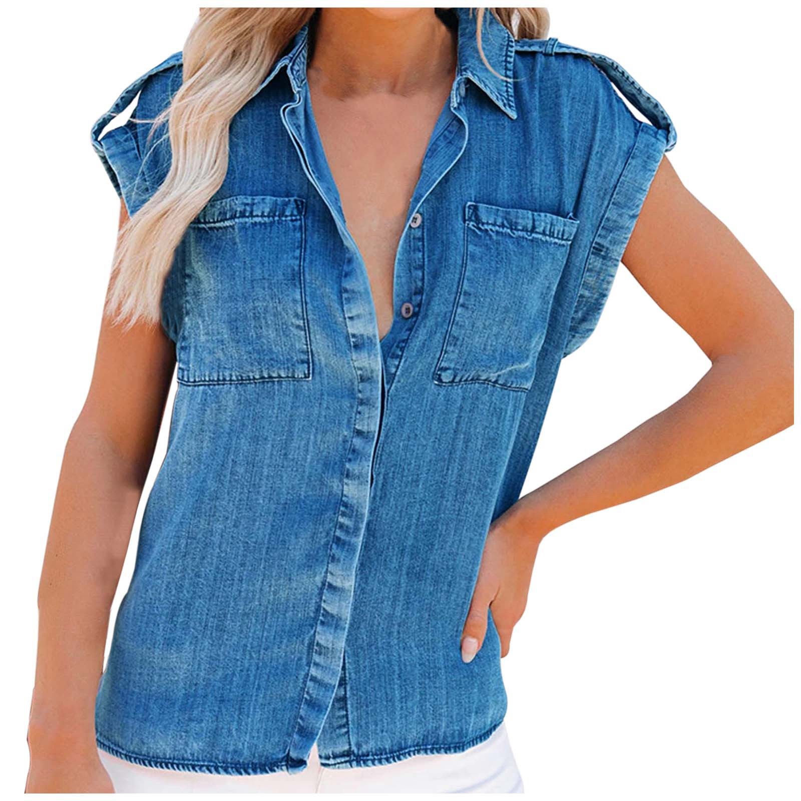 thumbnail image 1 of Camisa vaquera retro adelgazante de verano para mujer - Blusa informal de manga corta en color liso - Tejido ligero y transpirable, 1 of 7
